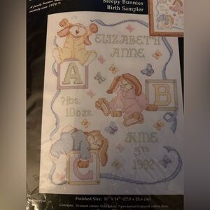 Janlynn Sleepy Bunnies Birth Sampler Counted Cross Stitch Kit New Open Package